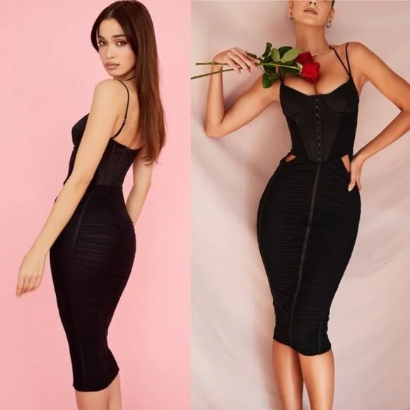 House🍒 of CB Maya Ruched 🌹Midi Dress in Black - Picture 2 of 3